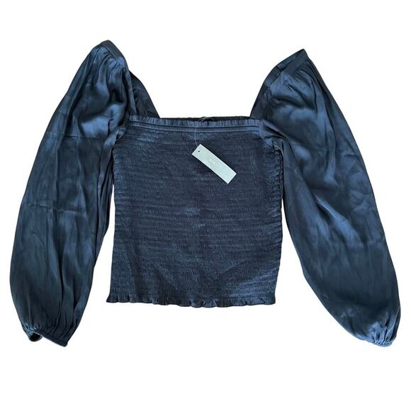 J.CREW | NWT Featherweight Smocked Square Neck Cropped Top Black Satin Size XS - Picture 2 of 13